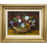 PANSIES IN A BASKET, AN OIL BY MARY ARMOUR