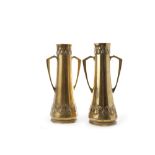 A PAIR OF WMF ART NOUVEAU BRASS TWIN HANDLED VASES