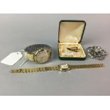 A LADY'S ROTARY WATCH ALONG WITH ANOTHER WATCH, A TIE PIN AND A BROOCH