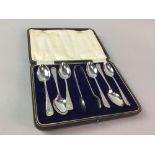 A SET OF SIX SILVER SPOONS AND TONGS