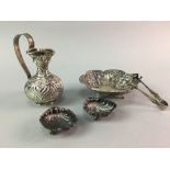 A PAIR OF SILVER SALT DISHES, CREAM JUG, BONBON DISH AND A PAIR OF TONGS