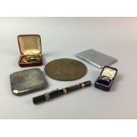 A SILVER CIGARETTE CASE, FOUNTAIN PENS AND OTHER OBJECTS