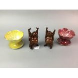 A SET OF SIX BESWICK SUNDAE DISHES AND TWO CARVED FIGURES