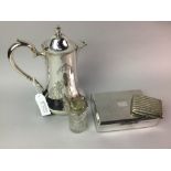 A SILVER PLATED CIGARETTE BOX, CIGARETTE CASE AND OTHER PLATED ITEMS