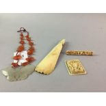 A CHINESE HARDSTONE NECKLACE, TWO BROOCHES AND A SHOE HORN