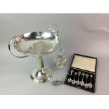 AN ART NOUVEAU SILVER PLATED TAZZA, SOUVENIR SPOONS, PERFUME BOTTLE AND OTHER ITEMS