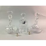 A LOT OF FOUR SILVER WINE SLIDERS AND THREE DECANTERS ALONG WITH SILVER AND PLATED ITEMS