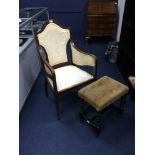 A SHIELD BACK BEDROOM CHAIR AND FOOTSTOOL