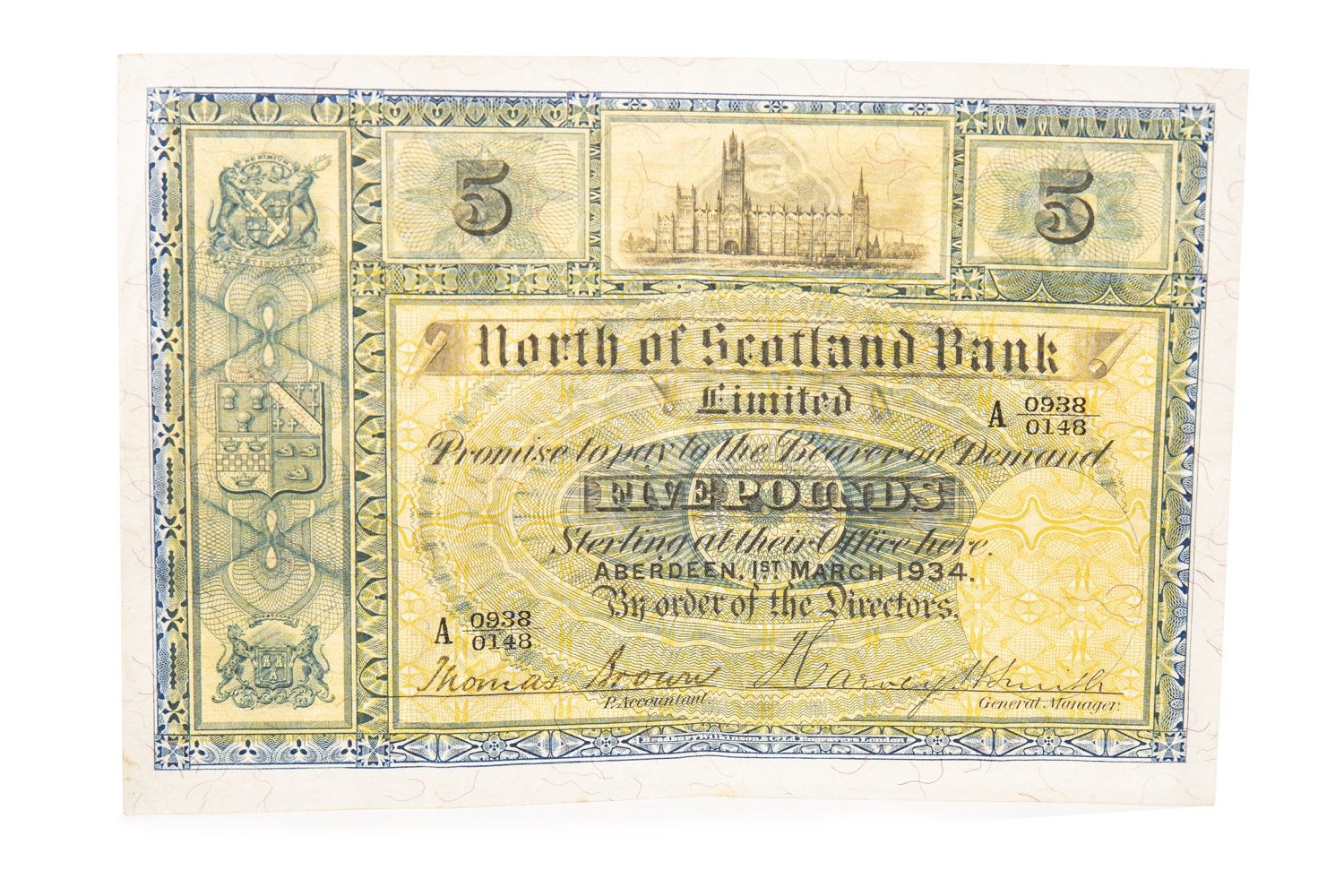 A NORTH OF SCOTLAND BANK LIMITED £5 NOTE, 1934
