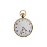 A GOLD OPEN FACE KEYLESS WIND POCKET WATCH