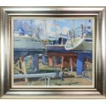 YACHTS AT LARGS MARINA, AN OIL ON BOARD BY DOUGLAS LENNOX