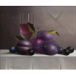 STILL LIFE WITH PLUMS, GRAPES AND WINE, AN OIL ON CANVAS BY MIKE WOODS