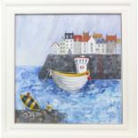 QUIRKY QUAYSIDE, AN OIL ON CANVAS BOARD BY LYNNE JOHNSTONE