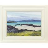 IONA BEACH TO MULL AND BEN MORE, AN OIL ON BOARD BY FRANK COLCLOUGH