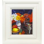 NASTURIUMS AND FRUIT, AN OIL ON BOARD BY FRANK COLCLOUGH