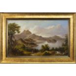 THE VIEW TO A LOCH AND MOUNTAINS, AN OIL ON BOARD BY THOMAS DUDGEON