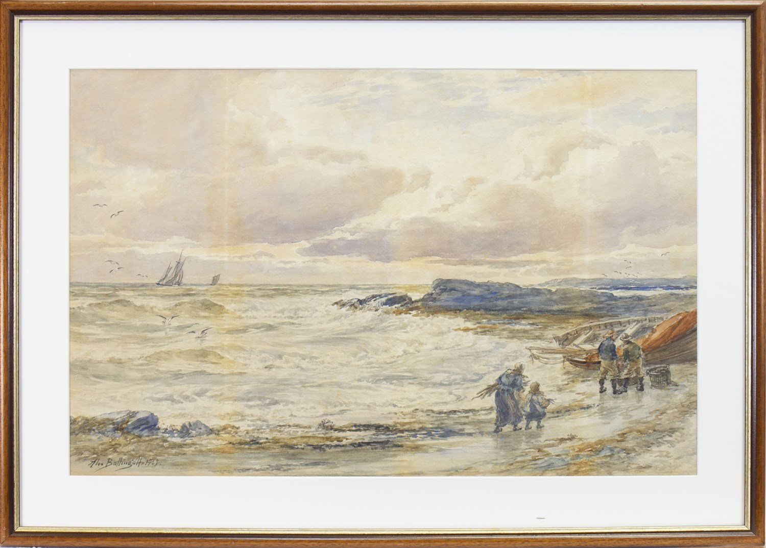 COASTAL VIEW WITH FIGURES AND BEACHED BOAT TO THE FORE, A WATERCOLOUR BY ALEXANDER BALLINGALL