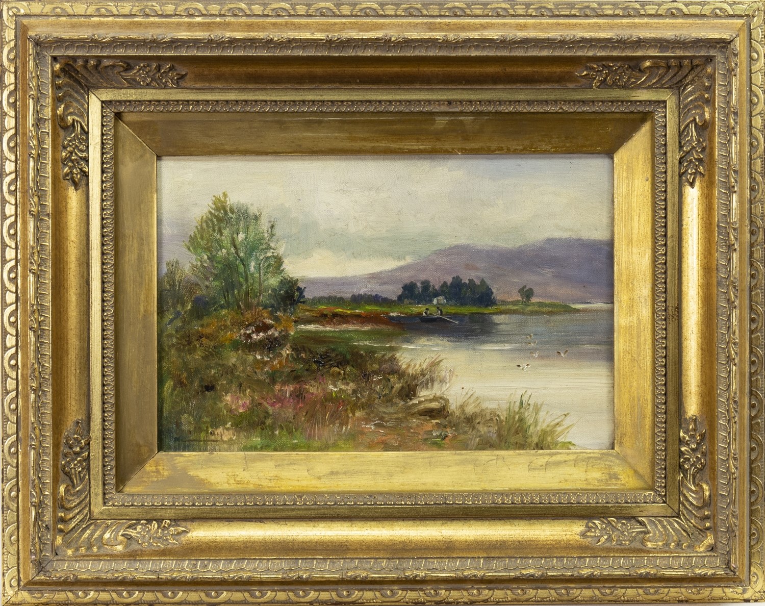 FISHING ON LOCH LEVEN, AN OIL ON CANVAS BY JOHN D TAYLOR