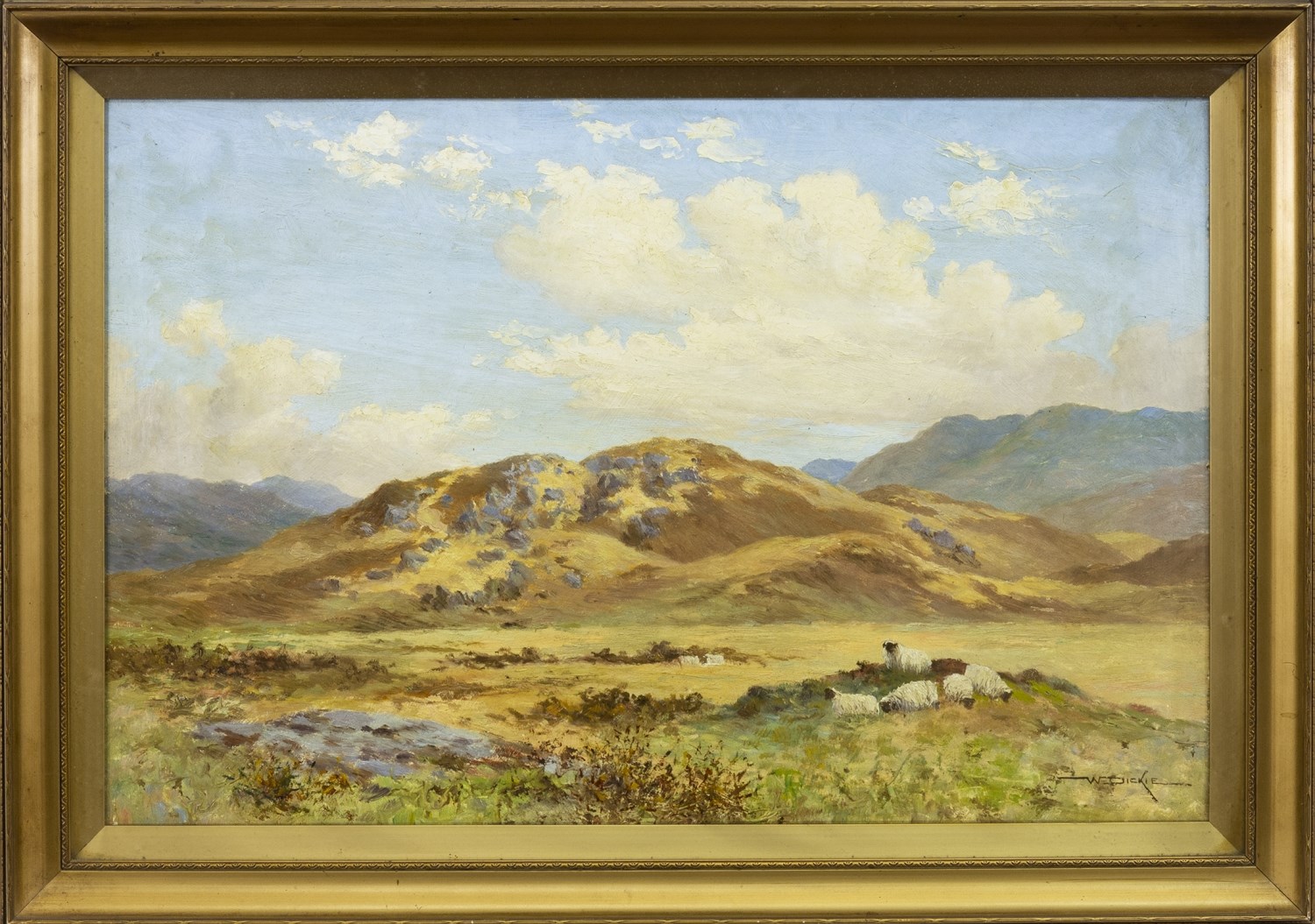 HILLY LANDSCAPE WITH GROUP OF SHEEP TO THE FORE, AN OIL BY REV WILLIAM DICKIE