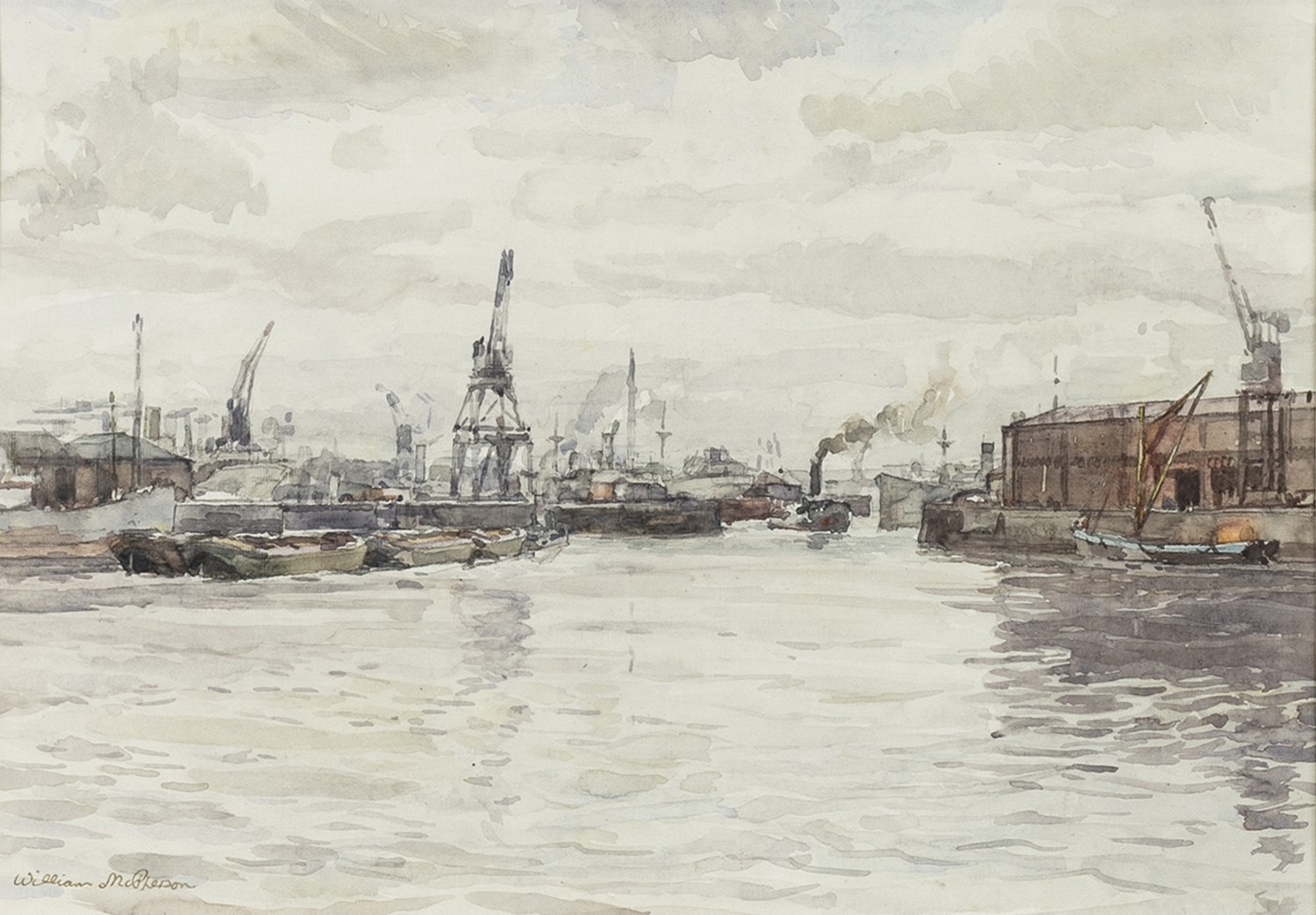 CANTIN BASIN, PRINCE'S DOCK, A WATERCOLOUR BY WILLIAM MCPHERSON