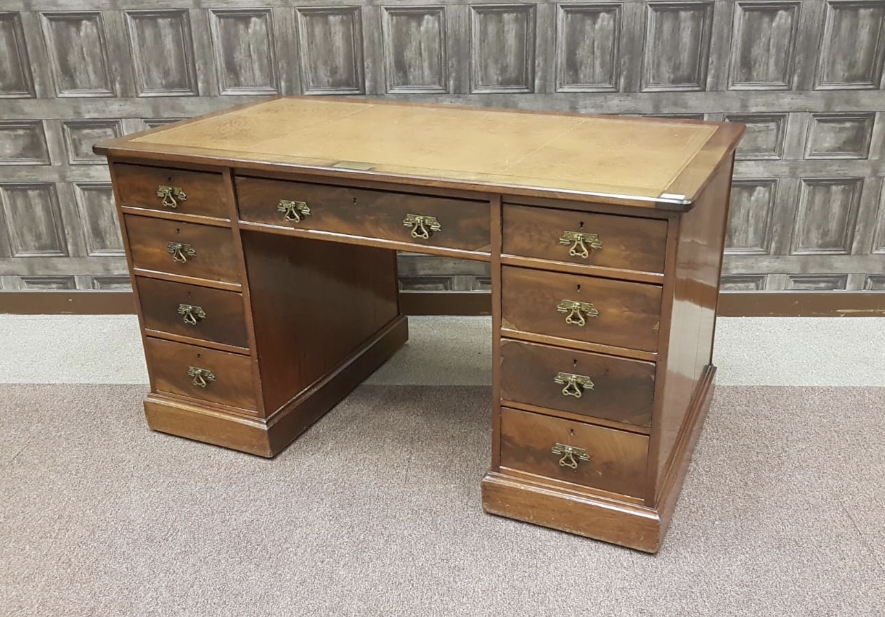 VICTORIAN MAHOGANY PEDESTAL WRITING DESK the top inset with later tooled leather writing surface,