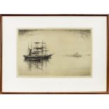 SHIP IN CALM WATERS, ETCHING WITH DRYPOINT BY WILLIAM DOUGLAS MACLEOD