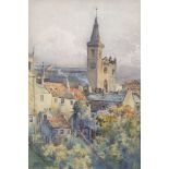 CHURCH ABOVE A HILL TOWN (DUNFERMLINE), A WATERCOLOUR BY JAMES DOUGLAS