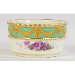 A BERLIN MINIATURE BOWL, MOULDED WITH FESTOONS AND GILT ON A TURQUOISE BAND, THE LOWER PART