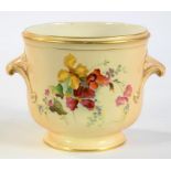 A ROYAL WORCESTER CACHE POT, PRINTED AND PAINTED WITH NATURALISTIC FLOWERS ON A SHADED APRICOT