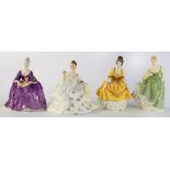 FOUR ROYAL DOULTON BONE CHINA FIGURES OF YOUNG LADIES, 19CM H AND CIRCA, PRINTED MARK