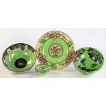 TWO MALING LUSTRE BOWLS AND A PLAQUE, AND A SIMILAR SMALLER NEWHALL BOUMIER WARE LUSTRE BOWL, 28.5CM