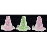 THREE GRAINGER WORCESTER TYROLEAN HAT CANDLE SNUFFERS, IN PINK OR GREEN, 6CM H, PRINTED MARK, C1900