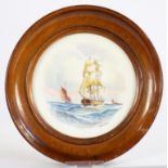 A ROYAL CROWN DERBY PLATE CENTRE, PAINTED WITH A SHIPPING SCENE BY W. E. J. DEAN, SIGNED, 11CM D,