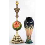 A CREAM PAINTED PLASTER LAMP WITH MOORCROFT HIBISCUS PATTERN KNOP, 43CM H EXCLUDING FITMENT AND A