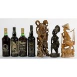 A JAPANESE ROOT WOOD CARVING OF AN IMMORTAL, 36CM H, AN AFRICAN EBONY CARVED FIGURE, ANOTHER