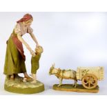 A ROYAL DUX PORCELAIN GROUP OF A MOTHER AND CHILD AND A ROYAL DUX MODEL OF A DONKEY CART, THE