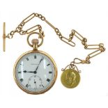 A 9CT GOLD KEYLESS LEVER WATCH, BIRMINGHAM 1926, A CONTEMPORARY 9CT GOLD ALBERT AND A MOUNTED