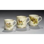 THREE GRAINGER WORCESTER MINIATURE MUGS, 1893, 1900 & C painted with a bird, 4 & 4.5cm h, printed