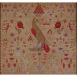 A VICTORIAN LINEN SAMPLER OF A PARROT, OTHER BIRDS AND FLOWERS, INSCRIBED REMEMBER ME, 36 X 38CM,