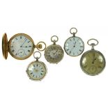 FOUR VARIOUS SILVER WATCHES, EARLY 20TH C AND A GOLD PLATED KEYLESS LEVER HUNTING CASED WATCH