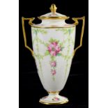 A MINTONS TWO HANDLED SHIELD SHAPED VASE AND COVER, PAINTED WITH ROSE FESTOONS AND GILT, 14.5CM H,