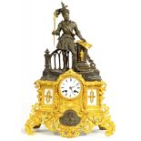 A FRENCH PARCEL GILT SPELTER MANTLE CLOCK, MOUNTED WITH A KNIGHT, 55CM H