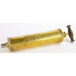 A DAY AND SONS, CREWE LTD CYLINDRICAL BRASS HORSE POWDER SYRINGE, WITH TURNED WOOD HANDLE,