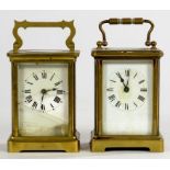 TWO FRENCH BRASS CARRIAGE TIMEPIECES, IN CORNICHE CASE, 11CM H, EARLY 20TH C