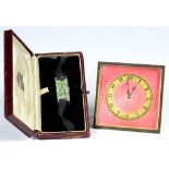 A GILTMETAL AND PINK GUILLOCHE ENAMEL STRUT TIMEPIECE, 6.5CM W, C1930 AND AN ART DECO CHROMIUM