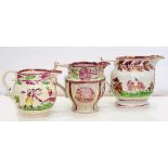 THREE VARIOUS 19TH C LUSTREWARE JUGS, 10.5 TO 13CM H, C1830