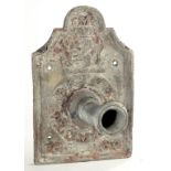 A VICTORIAN DATED CAST LEAD PUMP SPOUT, THE BREAK ARCHED WALL PLATE WITH CREST, INITIAL M AND