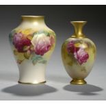 TWO ROYAL WORCESTER VASES, 1923 & 50 painted with roses, one by M Hunt, signed, 9.5 & 10.5cm h,