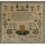 AN EARLY 19TH C LINEN SAMPLER, WORKED BY JANE DALTON, AGED 12 YEARS, 46.5 X 49.5CM, CONTEMPORARY