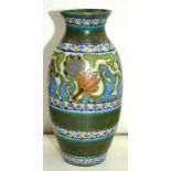 A GOUDA SLENDER OVIFORM EARTHENWARE CROCUS PATTERN VASE, 25.5CM H, PAINTED MARKS, INCLUDING